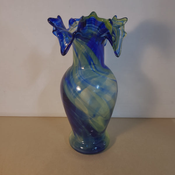 Hand Painted Blue and Green Blended Ruffled Rimmed Vase