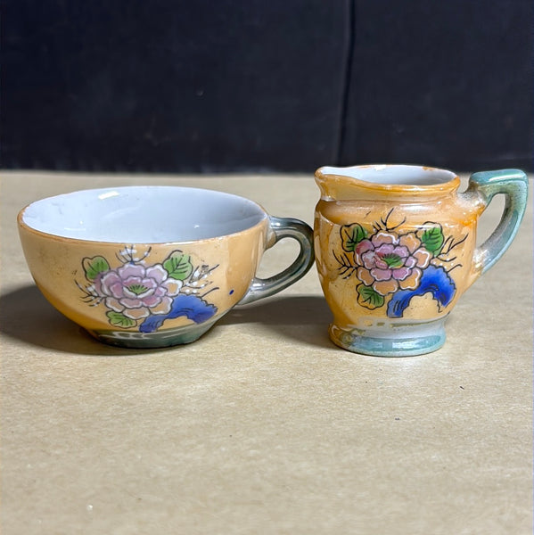 Miniature Floral Orange/Teal Tea Cup And Creamer
