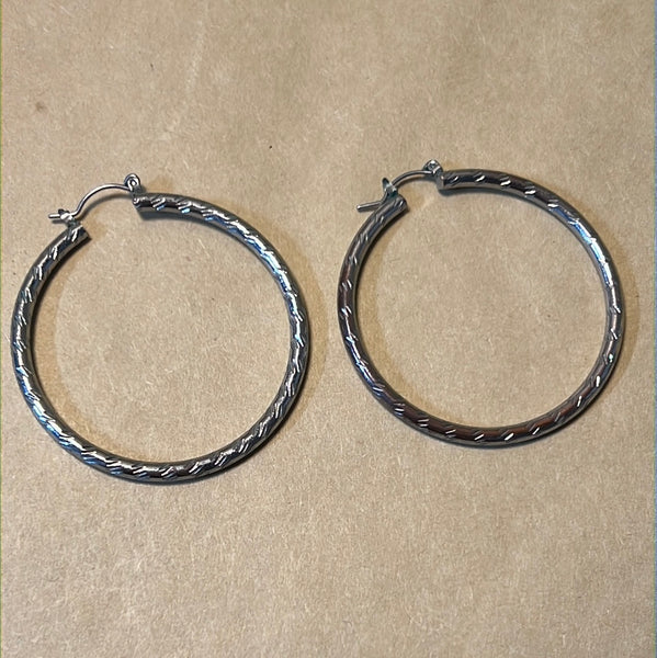 Large Silver Tone Hoop Earrings with Etched Design
