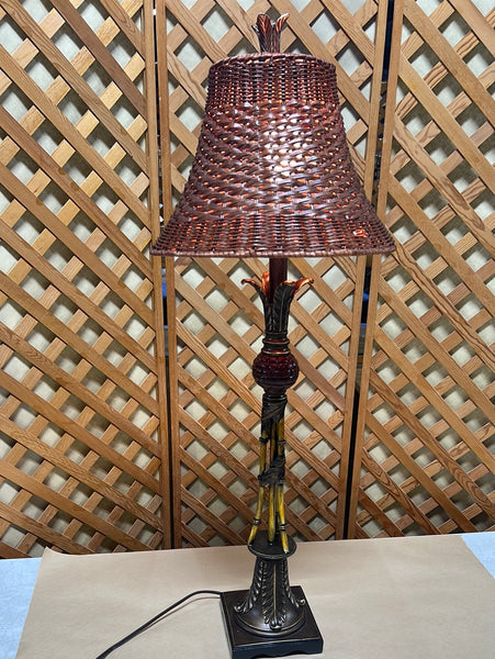 Tall Lamp with Bamboo / Leaf Details & Woven Shade