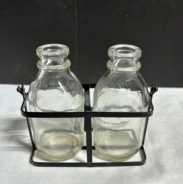 Vintage Glass Bottles w/ Metal Carrier