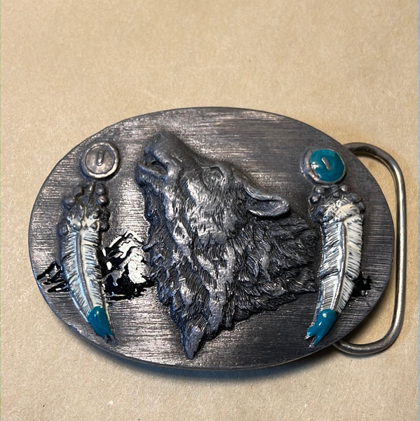 Howling Wolf Belt Buckle with Feathers