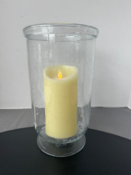 Clear Bubble Glass Pedestal Hurricane with Luminara Flameless Candle (WORKS)