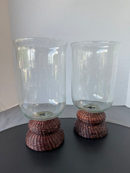 Pair of Pier 1 Glass Hurricanes with Woven Bases