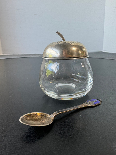 Glass & Sterling Silver Apple Lidded Jelly Jar with Denmark Sterling Spoon