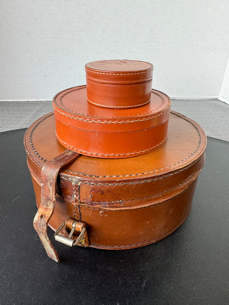 3-Piece Vintage England Brown Leather Round Stud Boxes Set