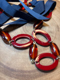Red Oval Links on Blue Ribbon Necklace