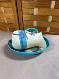 Enameled Palm Tree Pitcher And Oval Serving Bowl