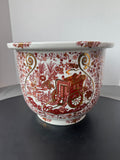 Asian Inspired Ceramic Planter with Brick Red & Gold Floral and Wagon Motifs