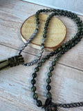 Chicos Faux Purple Pearl & Green Beaded Necklace with Green Velvet Tassel
