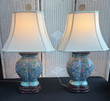 Pair of Asian Inspired Blue Floral Ceramic & Wooden Lamps (WORKS)