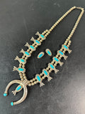 Hand Made Native American Navajo Silver Tone Turquoise Squash Blossom Necklace & Clip Earrings Set