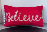 Believe Red Christmas Throw Pillow with Fringed Sides
