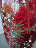 Japanese Ginbari Cloisonne Red Cherry Blossom & Birds Vase