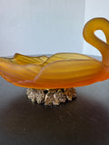 Art Deco Style Frosted Amber Swan Vintage Soap or Trinket Dish with Brass Base