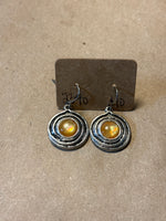 Round Silver Tone Earrings with Yellow Bead