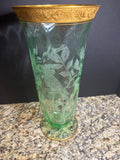 Large Uranium Glass Vase with Etching & Gold Trim