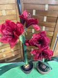 Pair of Faux Red Amaryllis Flowers in Brown Ceramic Pots (D)
