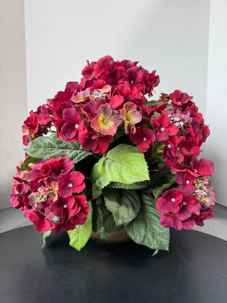 Faux Burgundy Hydrangea Arrangement in Vintage Brass Planter