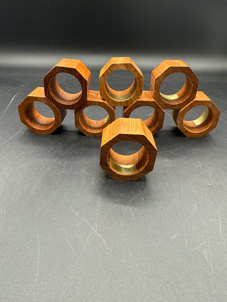 Set Of 8 Octagon Teak Wood Napkin Rings