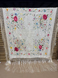 Floral And Bird Hand Embroidered Silk Shawl With Fringe * READ DESCRIPTION *