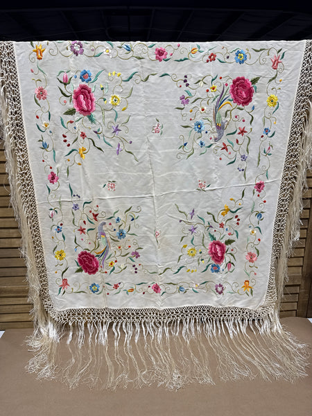 Floral And Bird Hand Embroidered Silk Shawl With Fringe * READ DESCRIPTION *