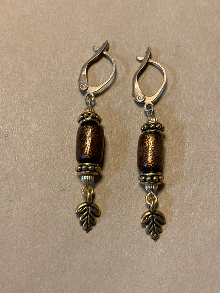 Gold Filled Earrings with Brown Bead & Leaf Charms