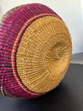 Pink & Purple Woven African Bolga Basket with Leather Wrapped Handle