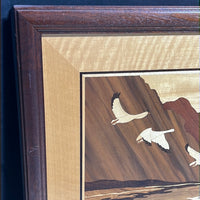 Wood Inlay of Geese Over Mountains