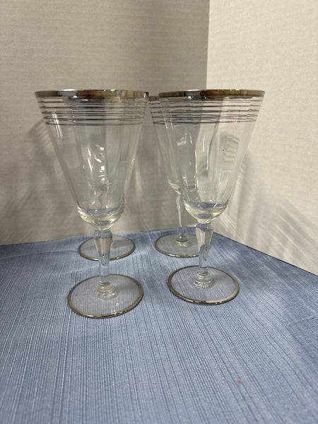 (A) Mid Century Style Silver Rim Wine Glasses - Set Of 4 // 2 Sets Available // **** PRICED INDIVIDUALLY ****