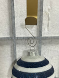 White and Glitter Blue Stripe Glass Ornaments. 7 pc