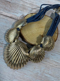 Gold Tone Seashell Cluster Multi-Strand Blue Corded Statement Necklace
