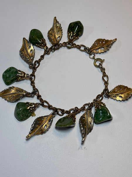 Vintage Bracelet with Leaf & Jade-Like Charms