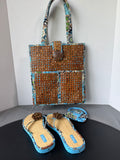 Vera Bradley Blue Bali Tiki Tote Bag with Matching Large Flip Flops & Luggage Tag