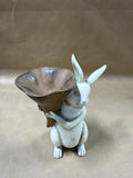 Shabby Chic White Bunny Rabbit Statue with Horn Basket Trinket Holder