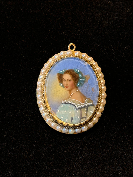 14K Gold Antique Miniature Portrait Pin/Pendant