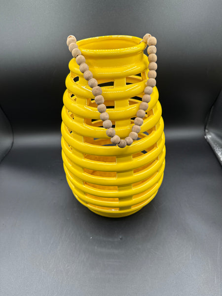 Yellow Ceramic Hanging Lantern With Wooden Beads Handle
