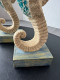 Pair of Sand Textured & Blue Glass Mosaic Seahorse Pillar Candle Holders
