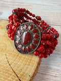 Red Multi-Layered Medallion Stretch Bracelet