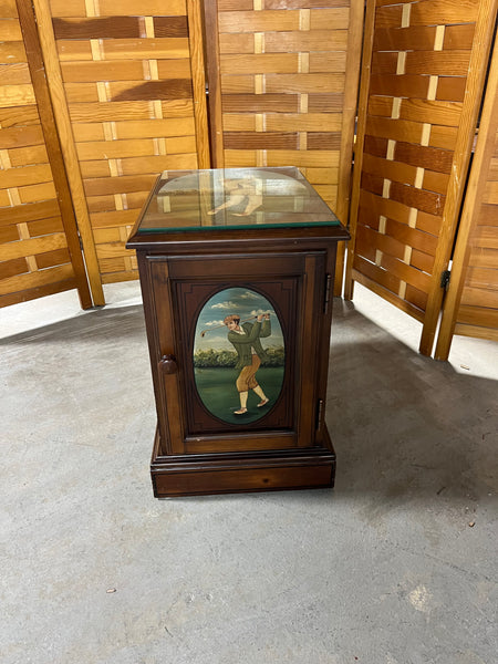Golf Themed Painted Side Table with Magazine/Book Storage; Comes with Protective Glass