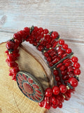 Red Multi-Layered Medallion Stretch Bracelet