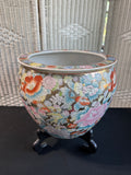 Chinese Floral & Koi Ceramic Fishbowl Planter with Wooden Stand