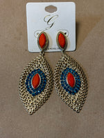 Large Gold Tone Earrings with Orange & Blue Accents