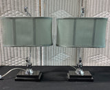 Pair of Modern Curved Chrome Lamps with Dusty Blue Shades (WORKS)