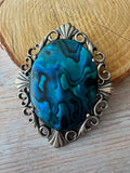 Ornate Sterling Silver Framed Blue Abalone Vintage Pendant Brooch