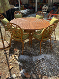 Cast Aluminum Painted Basket Weave Outdoor Table and Chair Set w/Custom Cushions, Umbrella and Stand