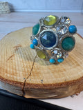Faceted Blue & Green Stone Collage Stretch Cocktail Ring