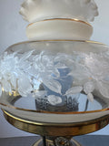 Quoizel Style Vintage Brass Hurricane Lamp with Floral Etched Glass Shade (WORKS)