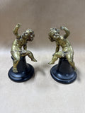 Solid Brass Cherub Putti Figurines on Black Turned Wood Pedestals - Pair