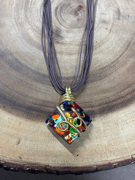 Multi Colored Glass Pendant on Brown Cord (AS IS)